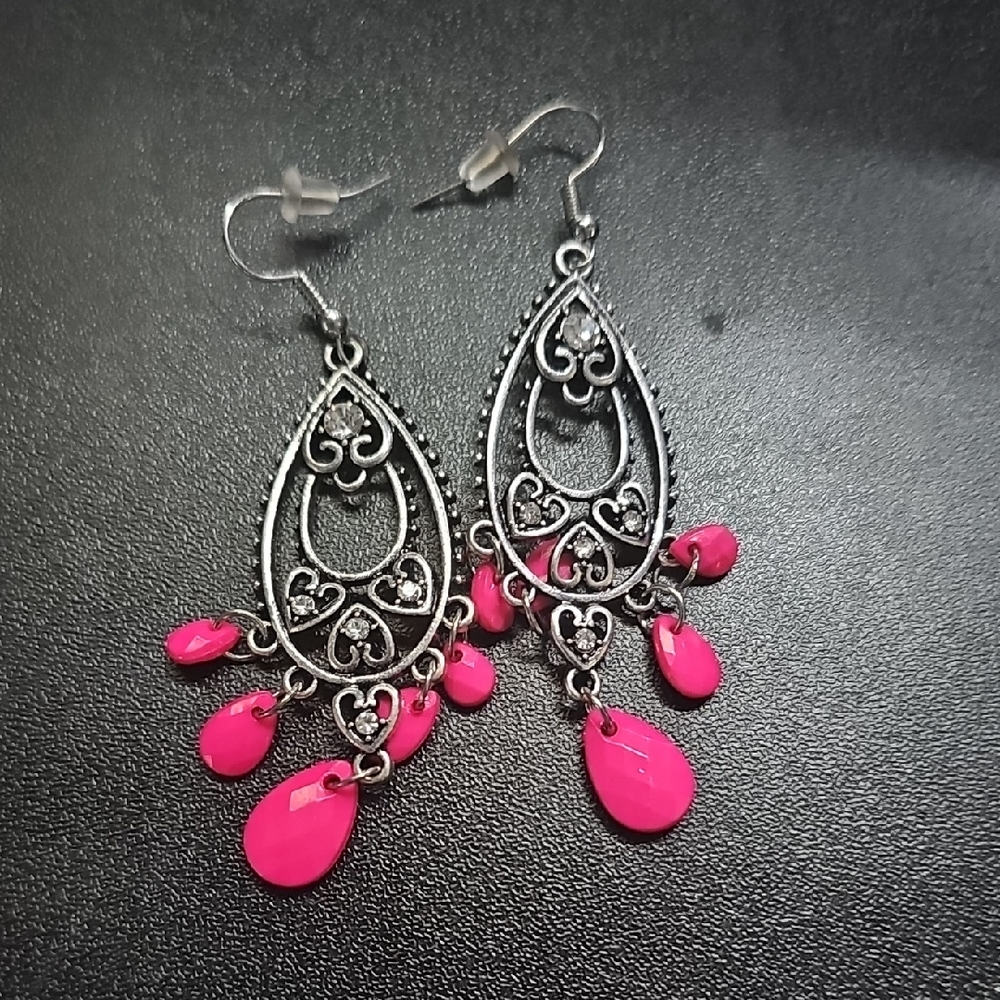 Silver Filigree Teardrop Earrings with Hot Pink Beads - Women Jewelry